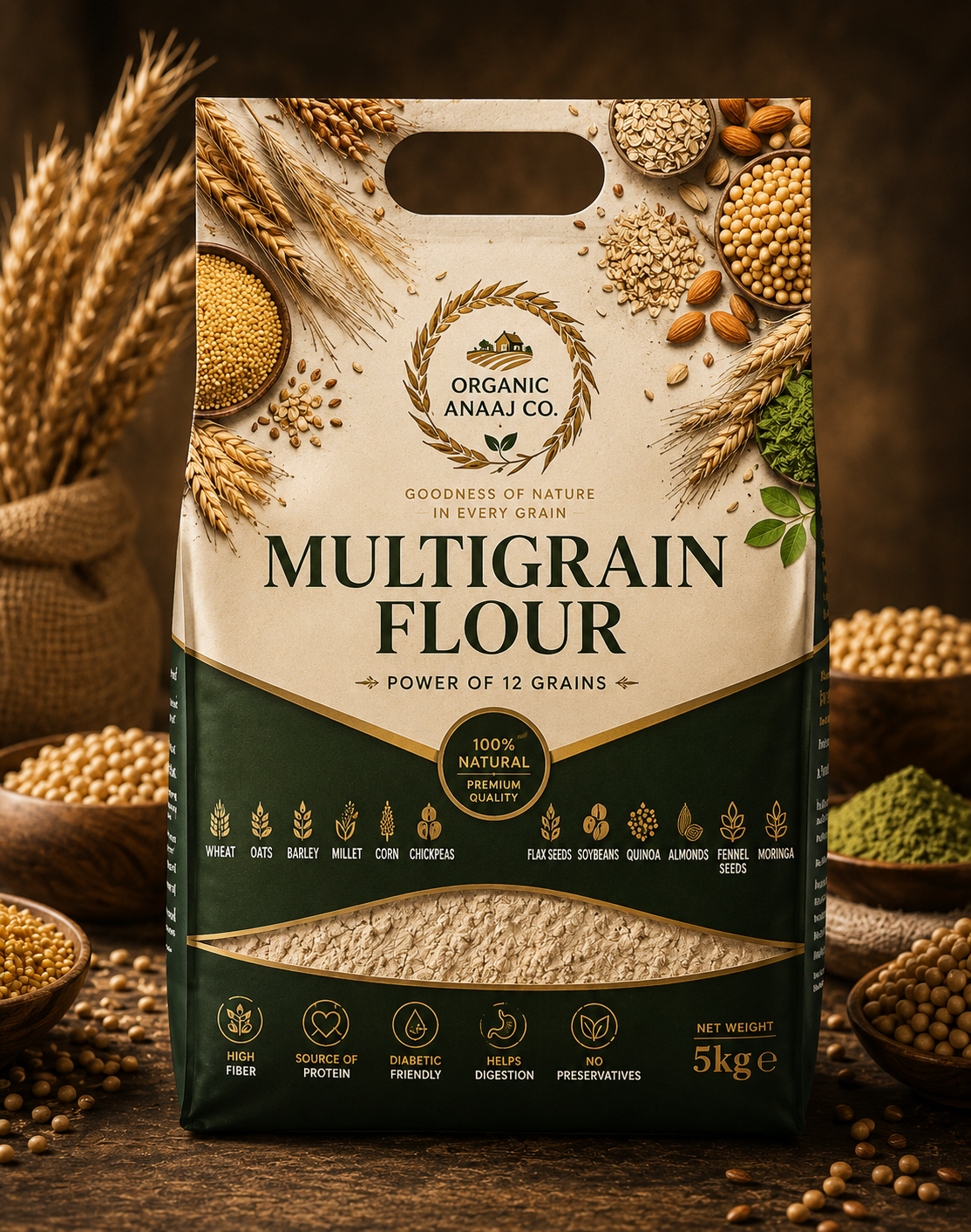 Organic Anaaj Co™ Premium Multigrain Flour | High Fiber Whole Grain Atta | Soft & Nutritious Rotis